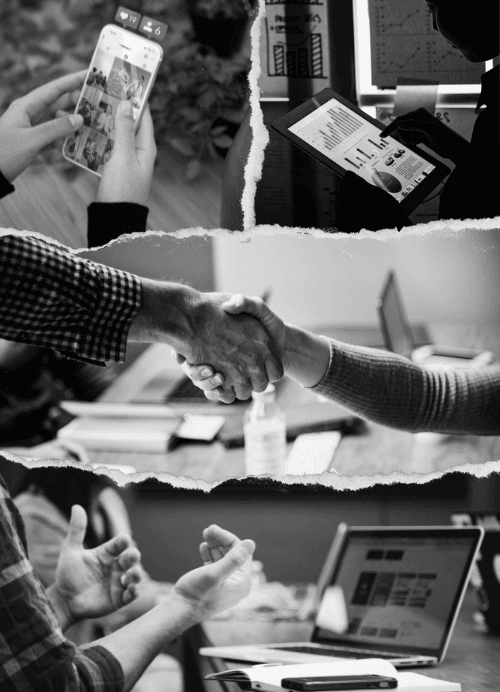 Collage depicting CREZEMO’s services with a handshake at the center.