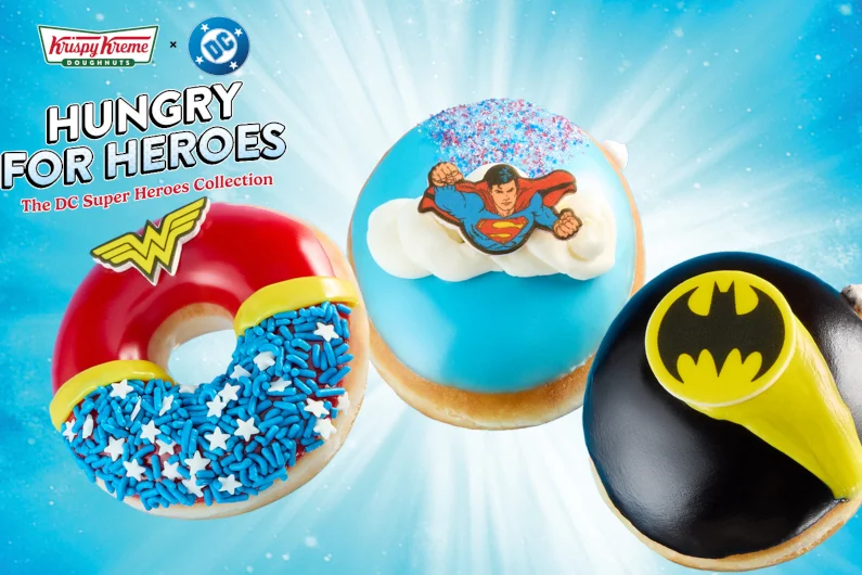 superman-krispy-kreme-partnership-marketing-campaign-donuts Krispy Kreme Hungry for Heroes DC Super Heroes Collection featuring Superman, Batman, and Wonder Woman themed donuts as part of strategic brand partnership