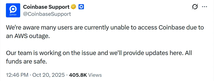 Coinbase Support tweet during AWS outage stating all funds are safe posted October 20 2025.